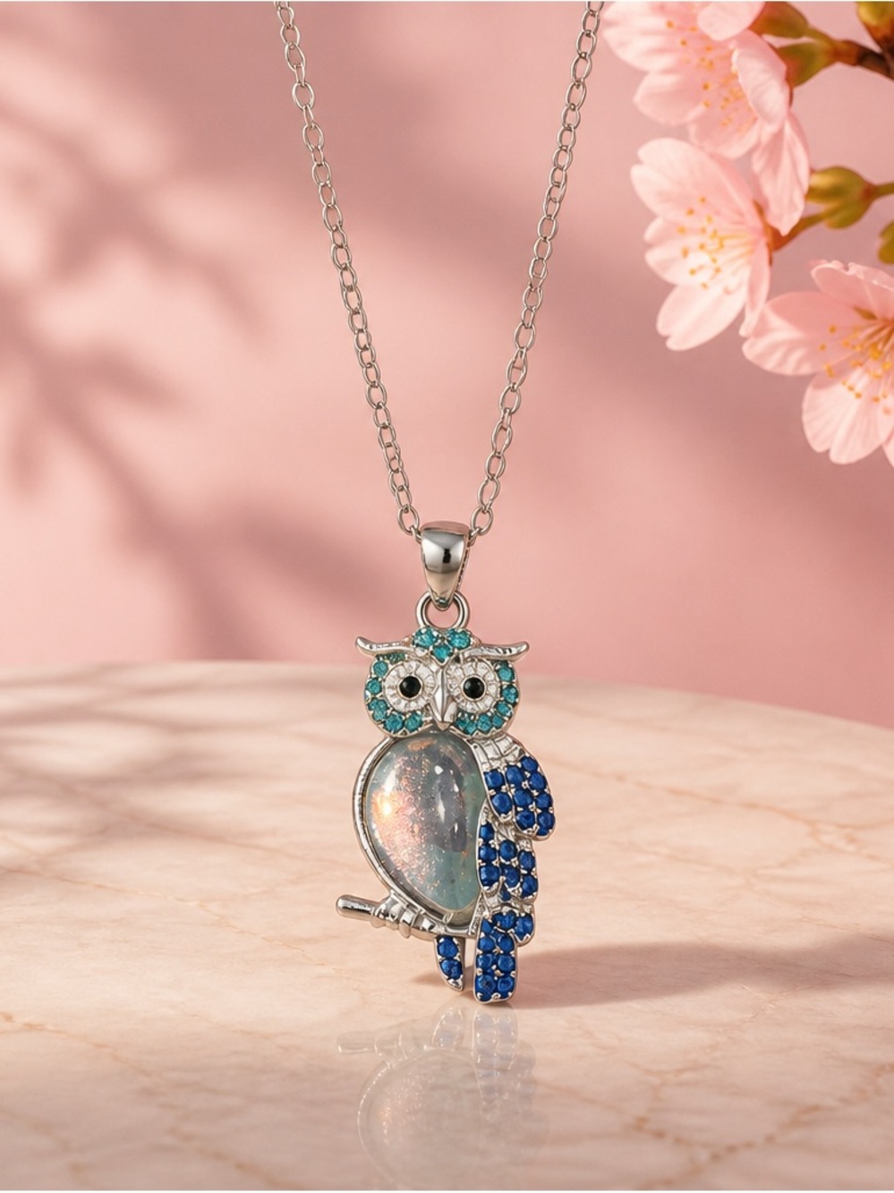 Silver Tone Blue & Teal Owl Pendant Necklace
